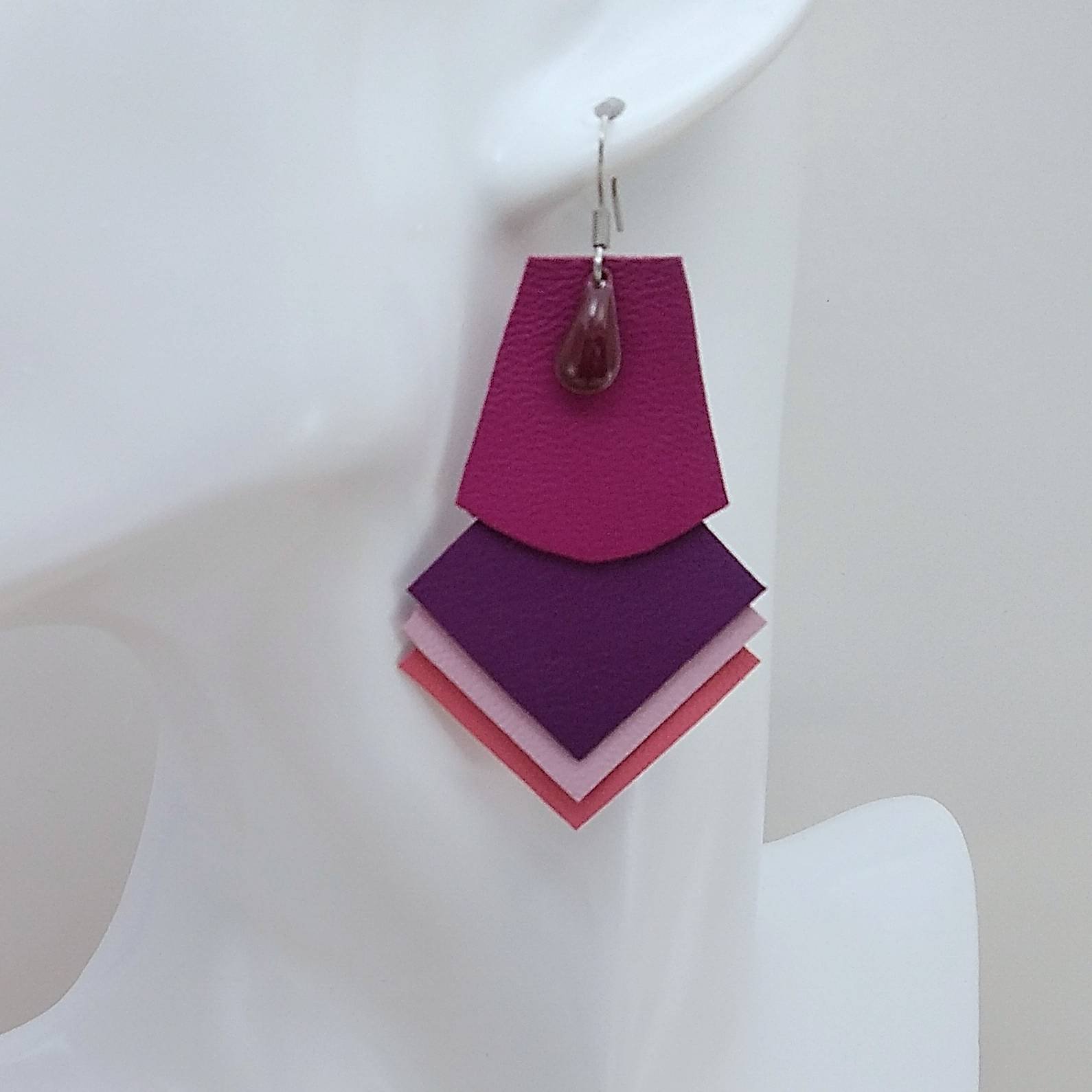 VENDUES ! B.O. FORMIDABLE modèle SANDRINE Breloque goutte bordeaux et cuir fuchsia/améthyste/rose dragée/rose