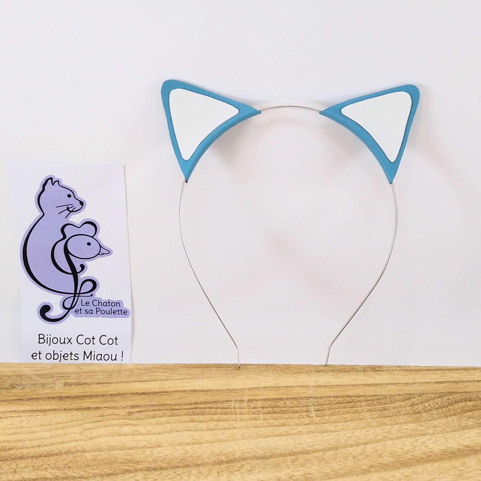 Serre-tête oreilles de chat en cuir bleu azur et blanc