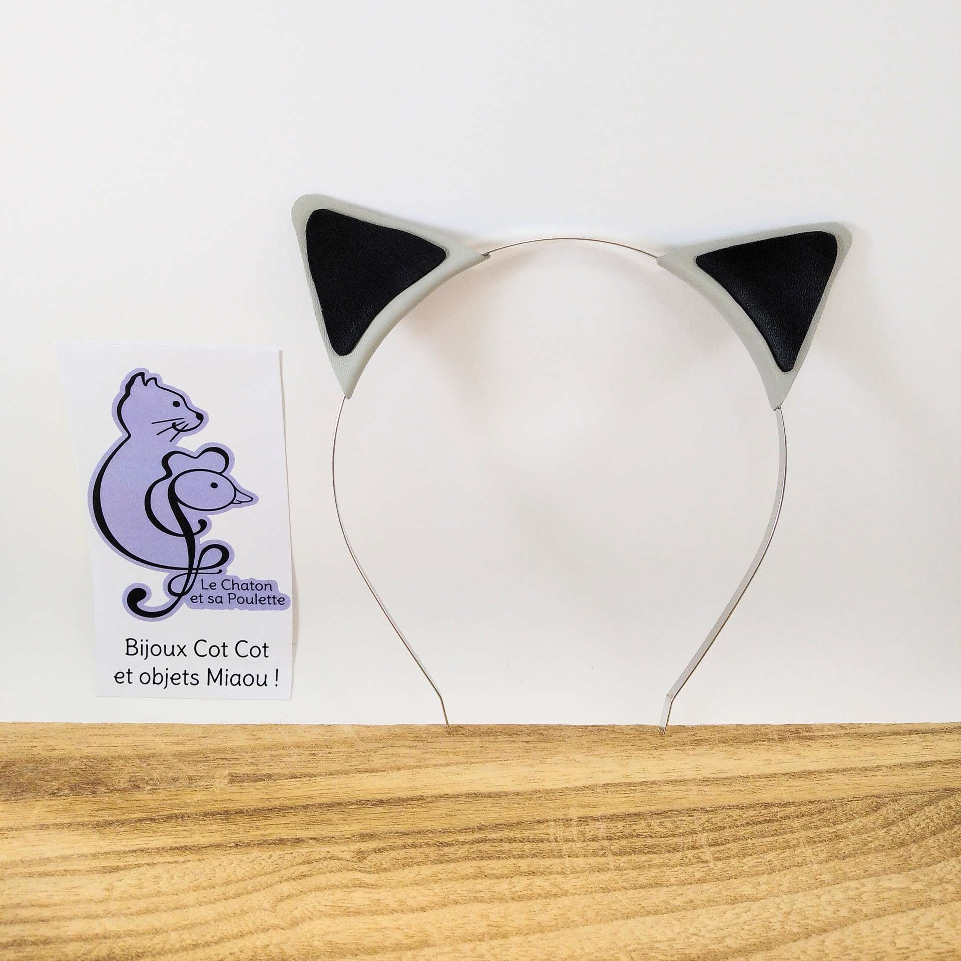 Serre-tête oreilles de chat en cuir gris clair et noir