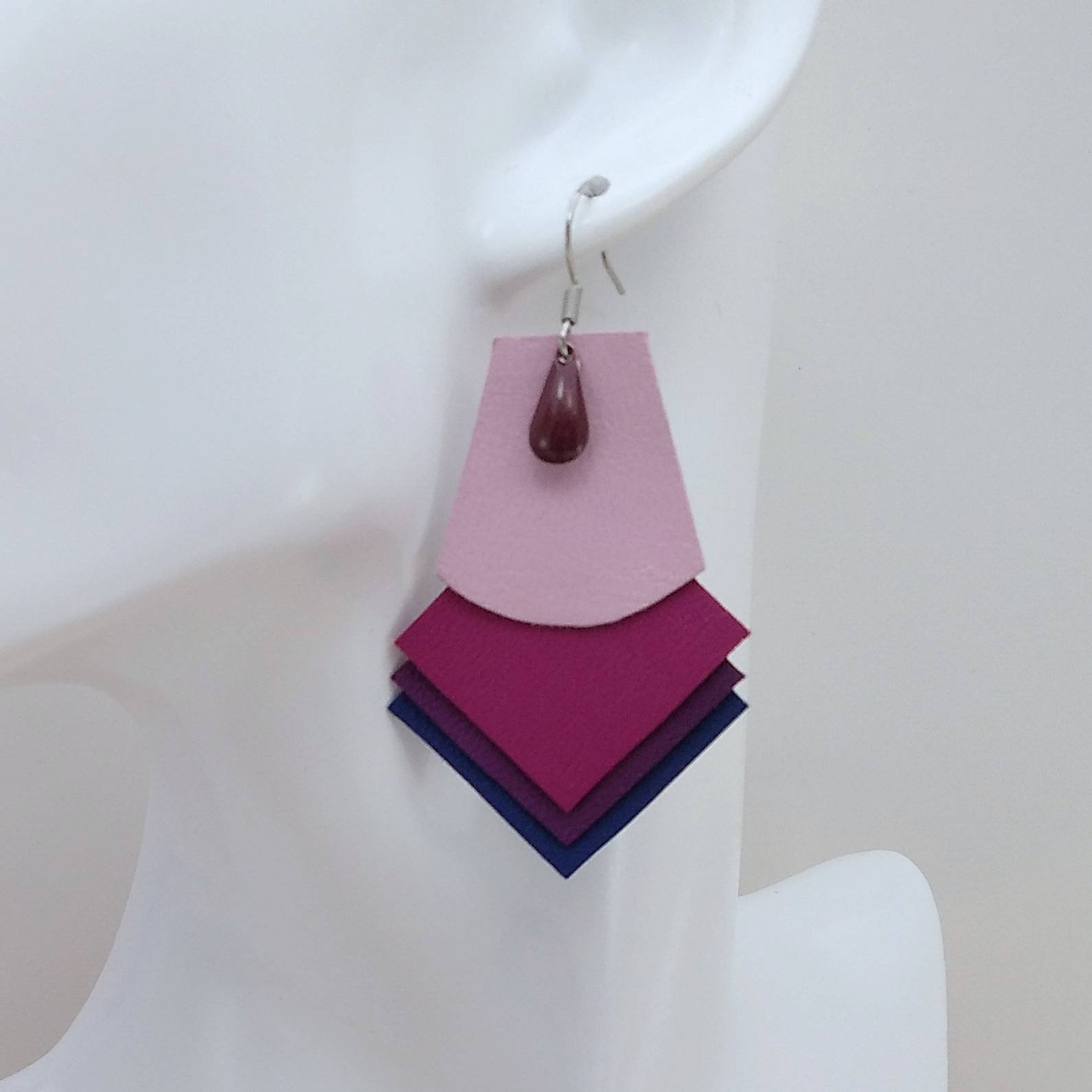 VENDUES ! B.O. FORMIDABLE modèle SANDRINE Breloque goutte bordeaux et cuir rose dragée/fuchsia/améthyste/bleu marine