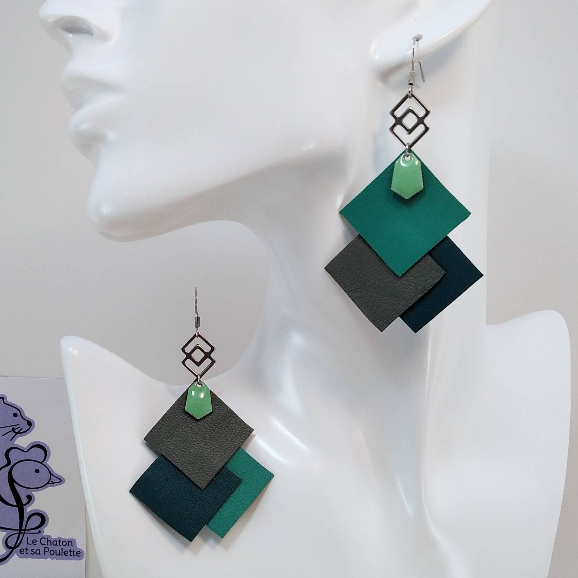 VENDUES ! B.O. FORMIDABLE modèle ÉMILIE Cuirs vert prasin/gris/vert émeraude, breloque inox carrés entrelacés et diamant vert d'eau