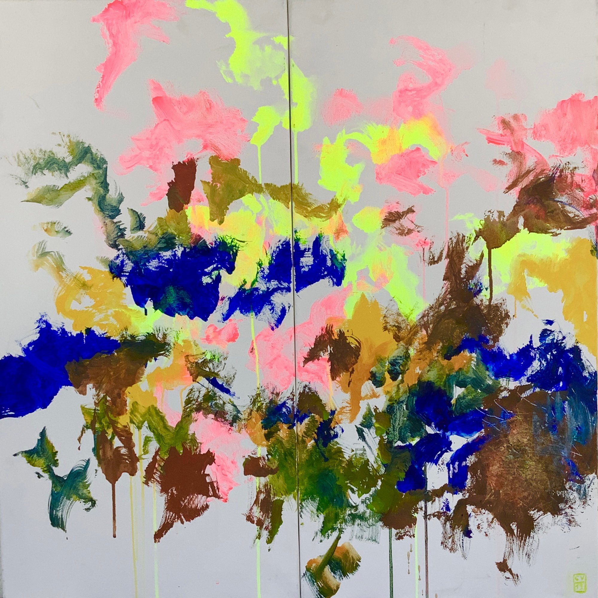 2019 - Diptyque jaune et bleu - 100 x 100 cm