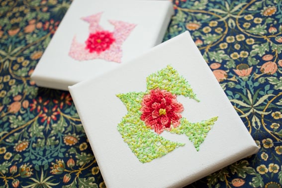 「花鳥」10×10cm、刺繍