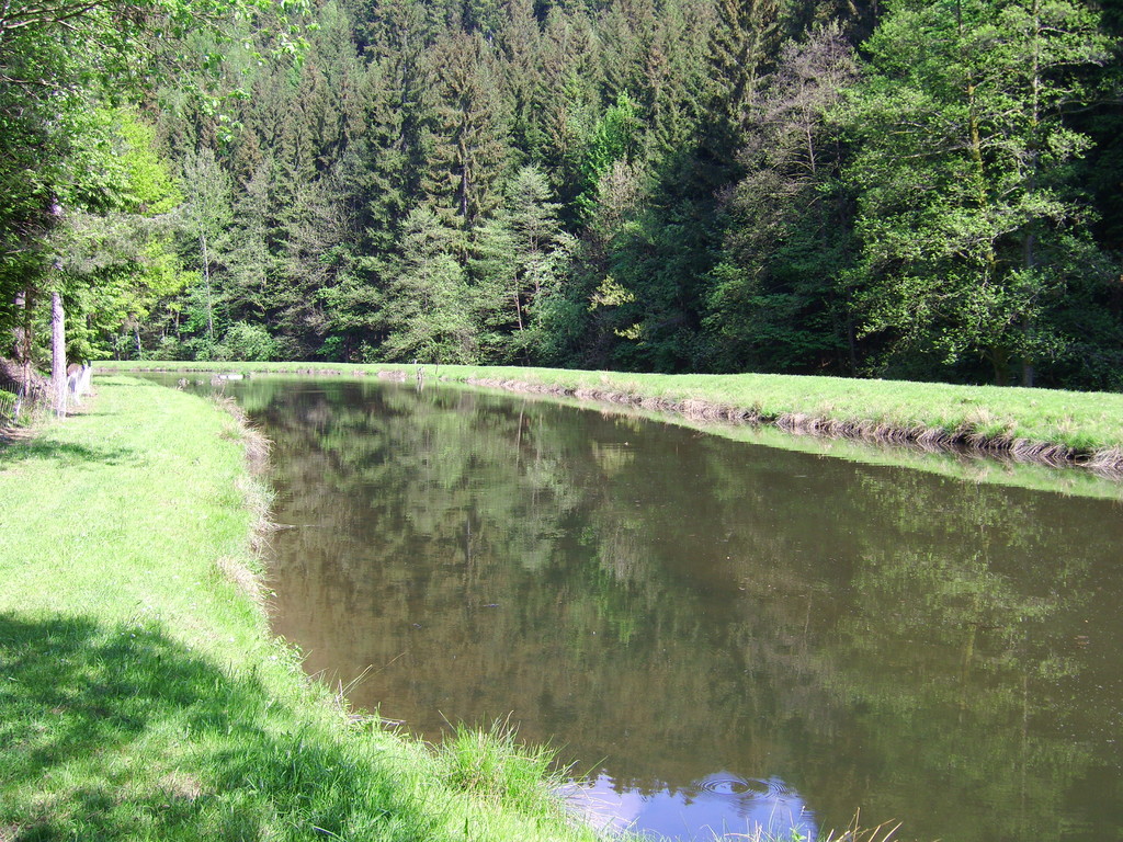 Flussaufwärts über die Fusgängerbrücke ca. 5 Gehminuten am Stausee angekommen