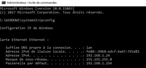 Microsoft Windows invite de commande ipconfig