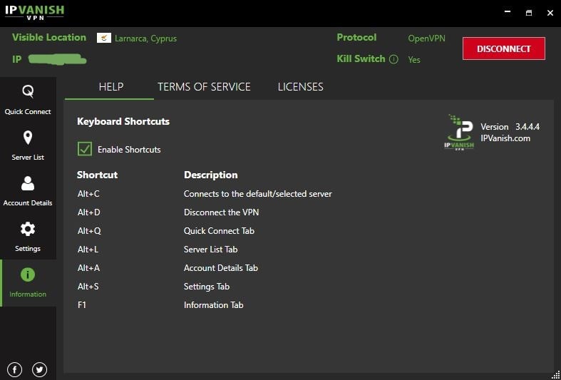 IPVanish VPN interface information