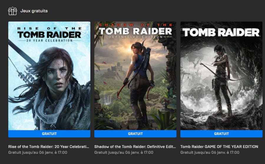 Les jeux Tomb Raider (GOTY), Shadow of the Tomb Raider (DE) et Rise of the Tomb Raider (20Y) sont offerts sur l'Epic Games Store
