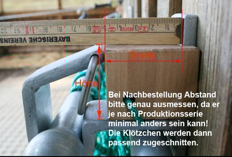 Für eine Nachbestellung bitte messen. Höhe und Breite von vorderen Bügel bis zum Wandbügel. Der Klotz sollte eng drinsitzen und oben mit dem Bügel abschließen oder max. ein paar Millimeter überstehen.