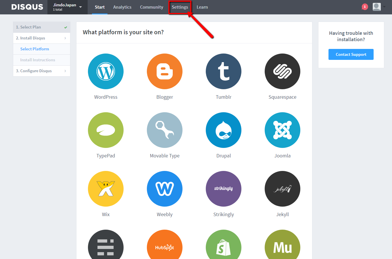 6.　画面上部のメニューから [ Settings ] をクリック