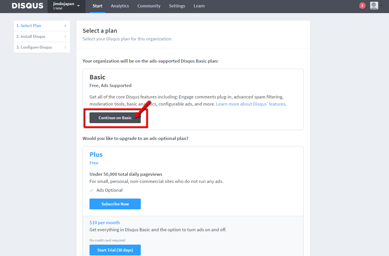 5.　[ Select a Plan ] の画面で [ Continue on Basic ] （無料プラン） を選択
