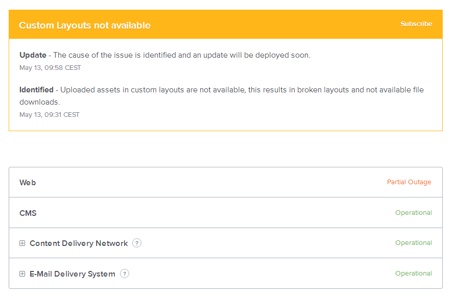 例：Webサーバに多くのサイトに影響を与える障害 (Partial Outage)が発生しています