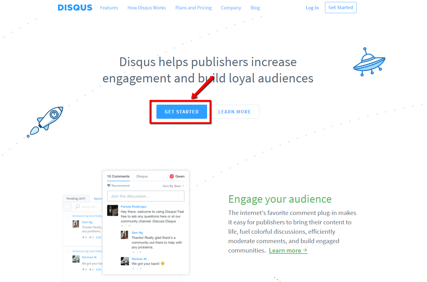 1.　Disqus へアクセスし、[ Get Started ] のボタンをクリック