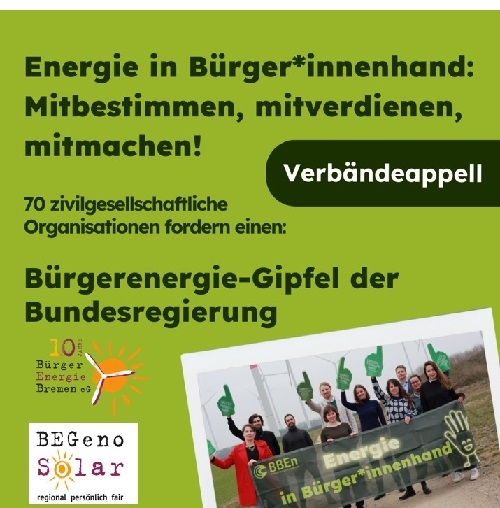 Zivilgesellschaftliches Bündnis fordert Bürger*innenenergie-Gipfel