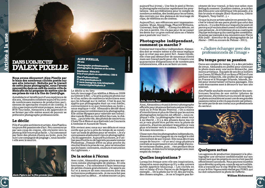 Cover et Article "Dans l'objectif de Pixelle "    Centri'fuge le Mag