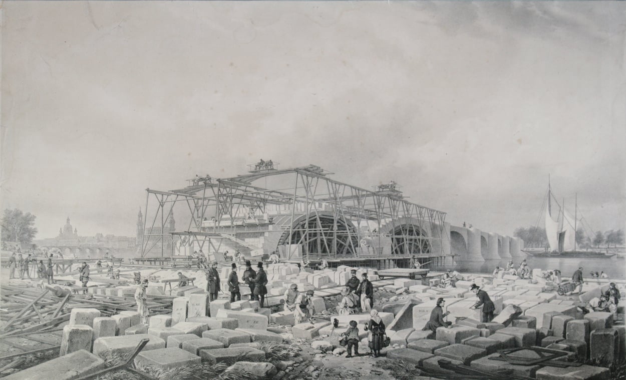 Bau der Marienbrücke in Dresden im Oktober 1849 
