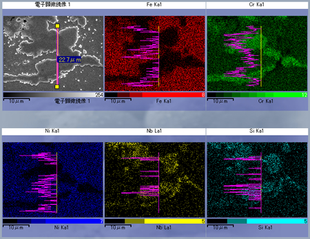 SEM観察領域の元素マッピングとラインスキャン