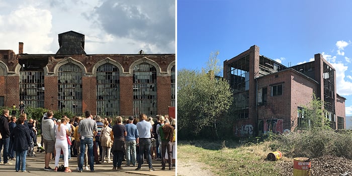 Ein ähnliches Bild: Die Tudorhallen auf der Roddenkoppel und die Gesenkschmiedehalle am Glashüttenweg