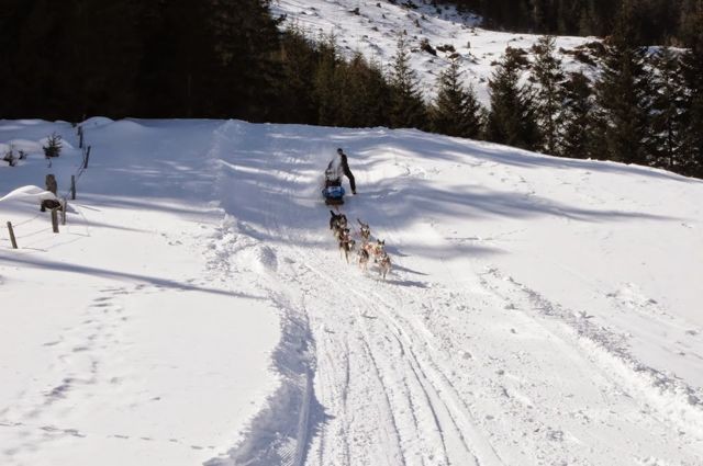 Im steilen Abhang Richtung Ziel spritzt der Schnee von der Bügelbremse direkt ins Gesicht.