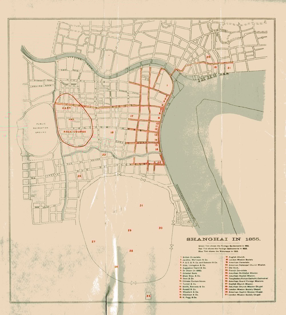 Map of Shanghai in 1855 in red with the Garden Bridge visible north of No 1, the British Consulate. Richard's Hotel would have initially been at or around No 16.