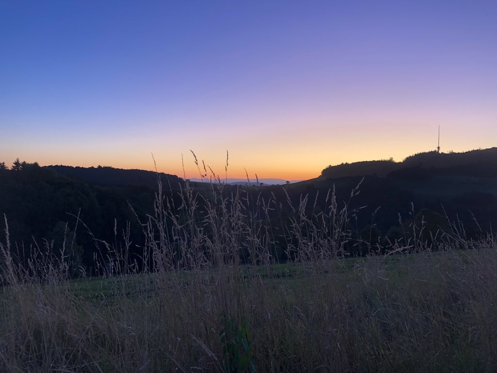 Blick hinter unserem Bauernhaus Richtung Ferenberg, dahinter die Stadt Bern