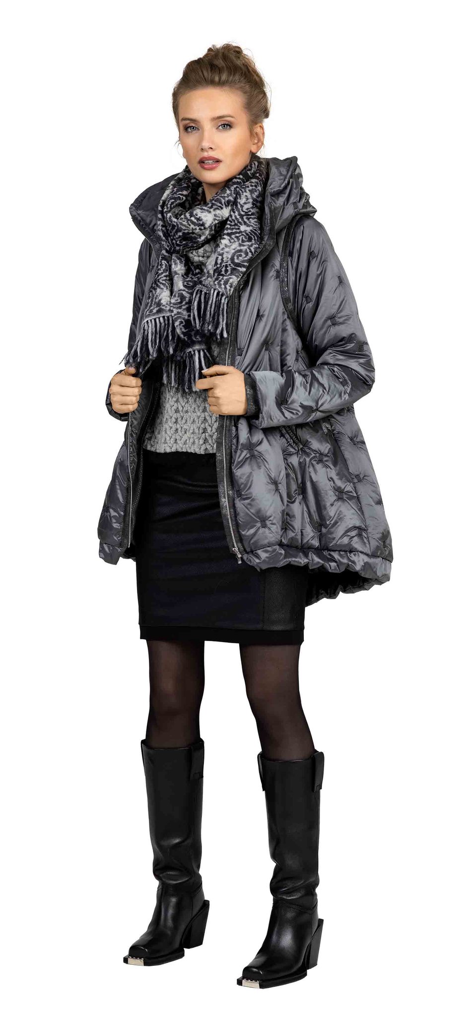 Scarf 289-14, Puffer 214-15, Sweater 2037-51, Skirt 1058-101