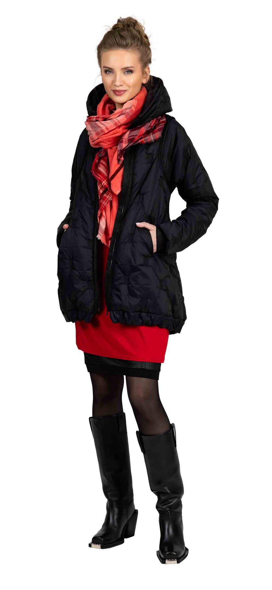 Scarf 285-45, Puffer 214-21, Dress 264-44, Skirt 1058-101