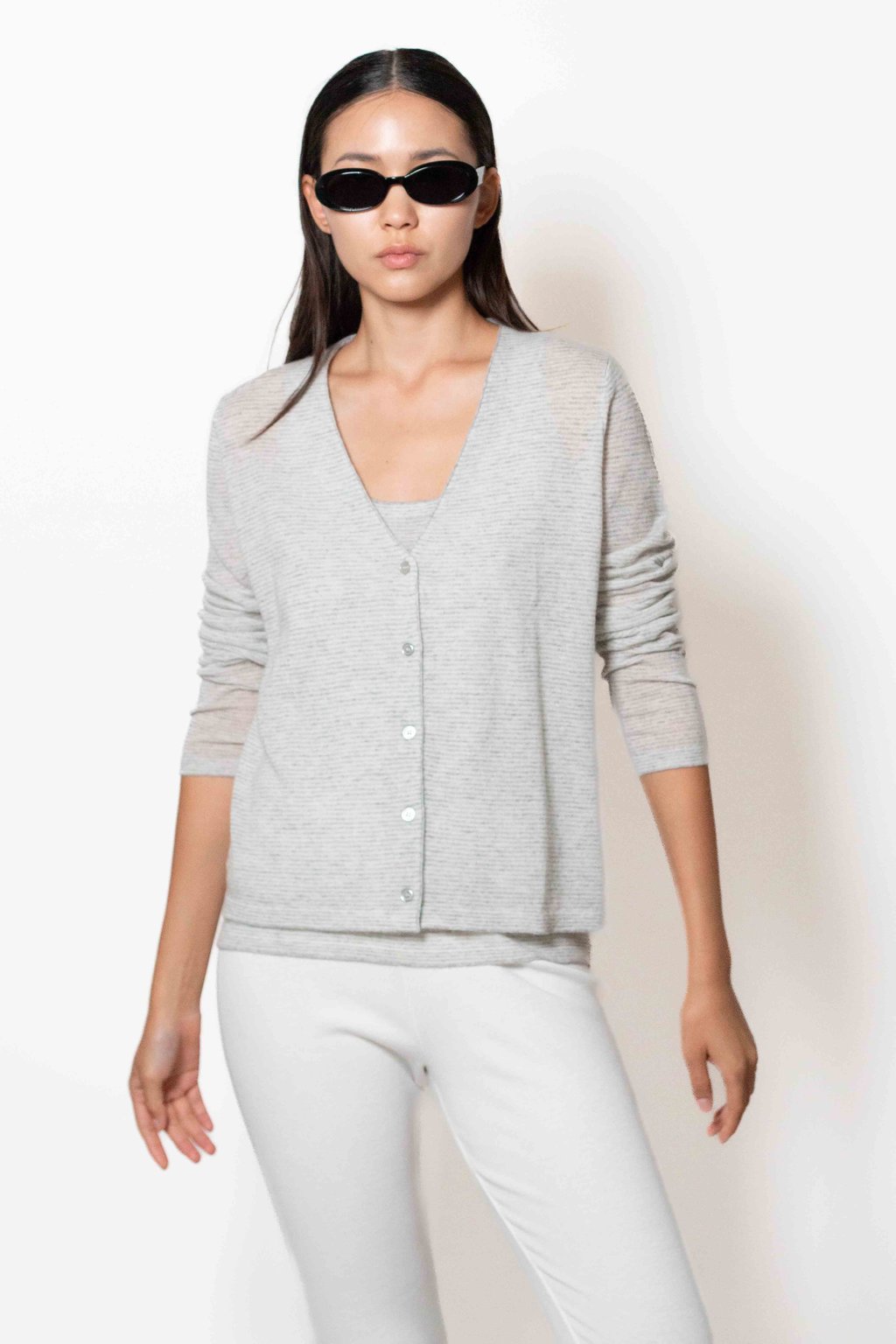 V-Neck Cardigan E26-50-K05-12 Off White Grey, Sweater Tank Top E26-50-K01-12 Off White Grey, Pants E26-22-05-1 Off White