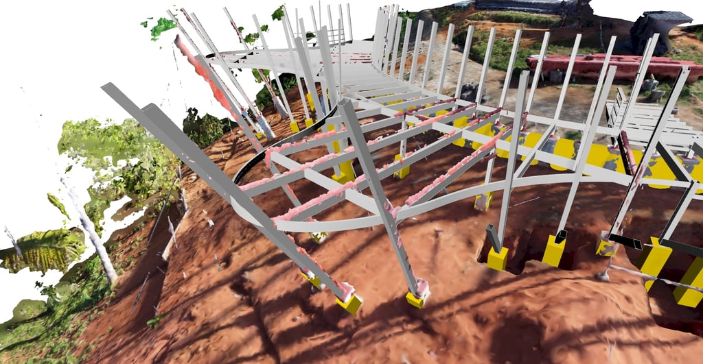 April 2023 - the result of the fusion of the drone photos and the architectural model: the columns fit with millimeter precision.