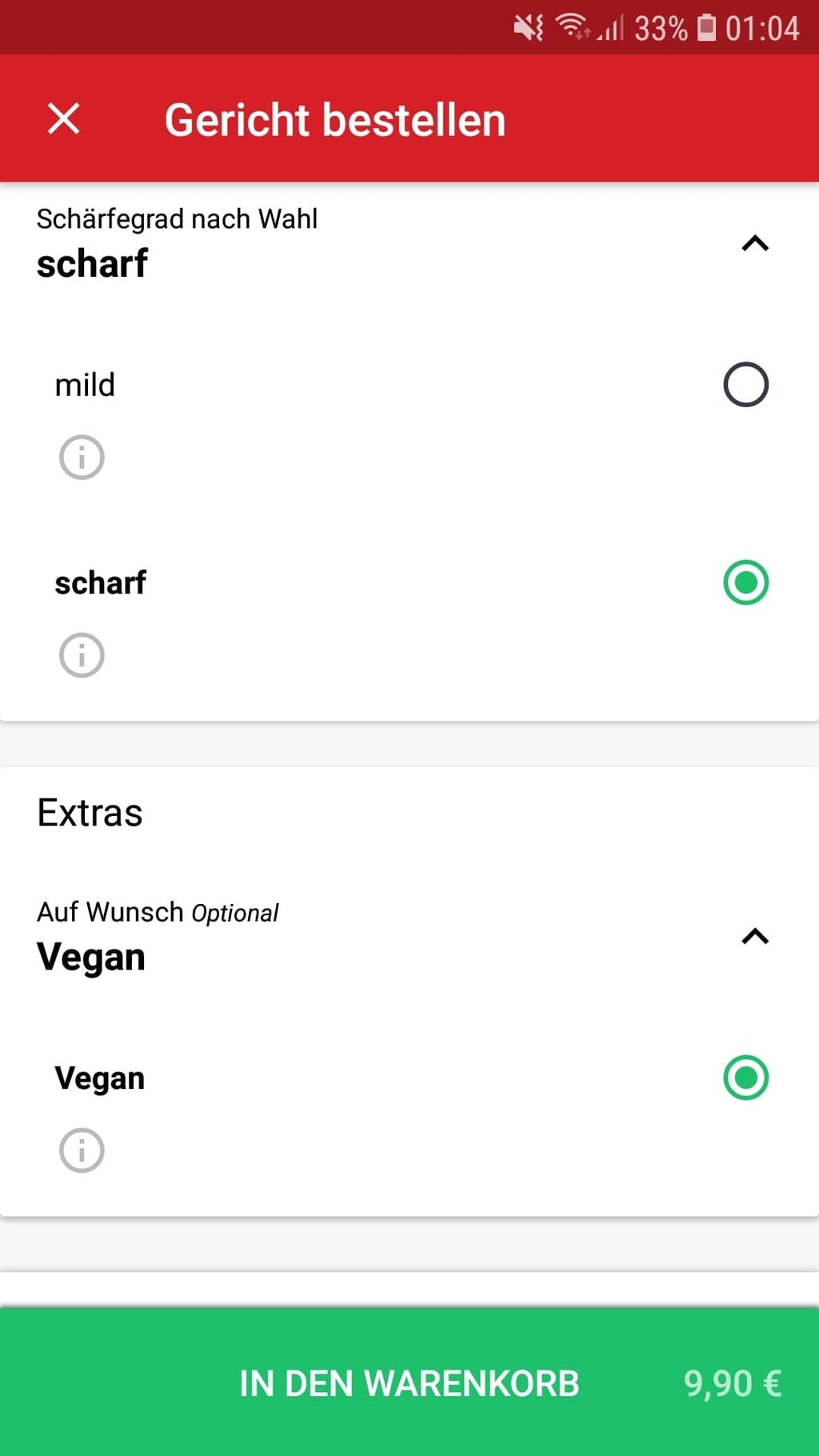 Auf Wunsch scharf, vegan u.ä. - Viele Restaurants bieten ihre Speisen flexibel an. In der Lieferheld-App sehr übersichtlich auszuwählen.