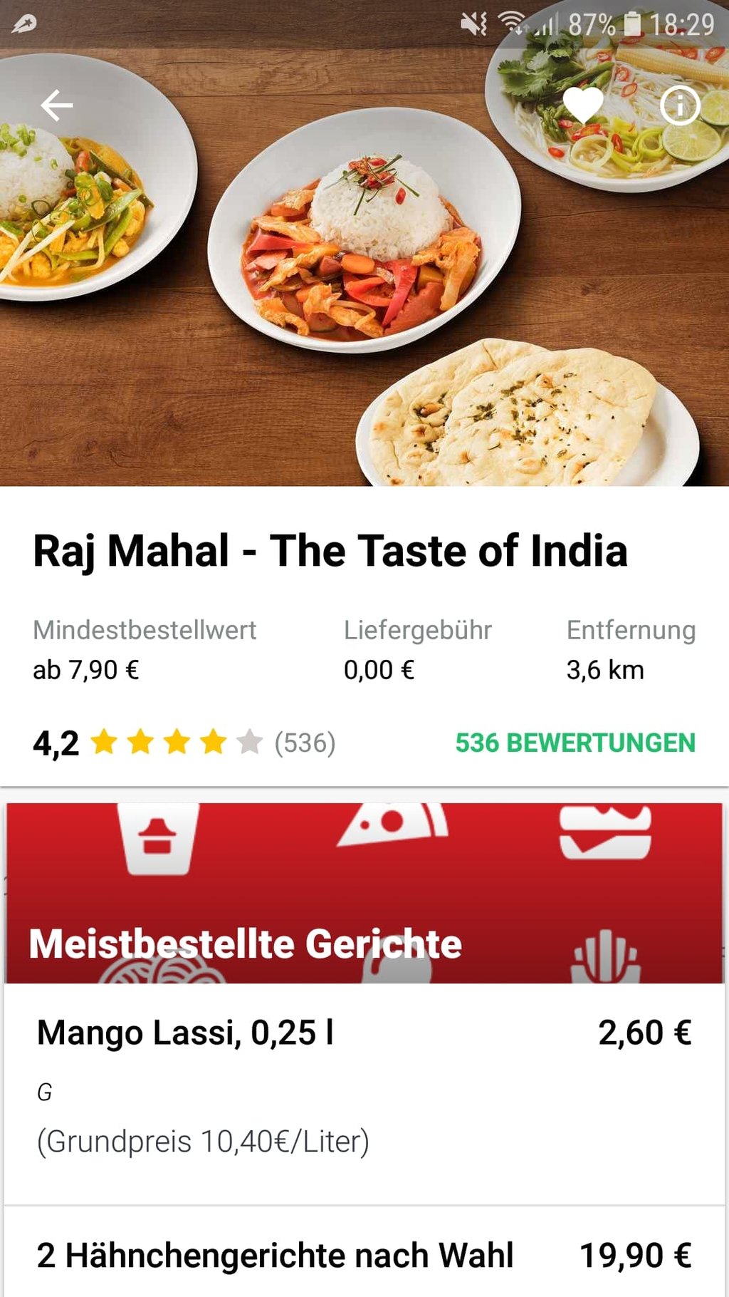 Im Restaurant-Überblick sieht man die wichtigsten Daten zu Bewertung, Mindestbestellwert und der Entfernung zum Wohnort.