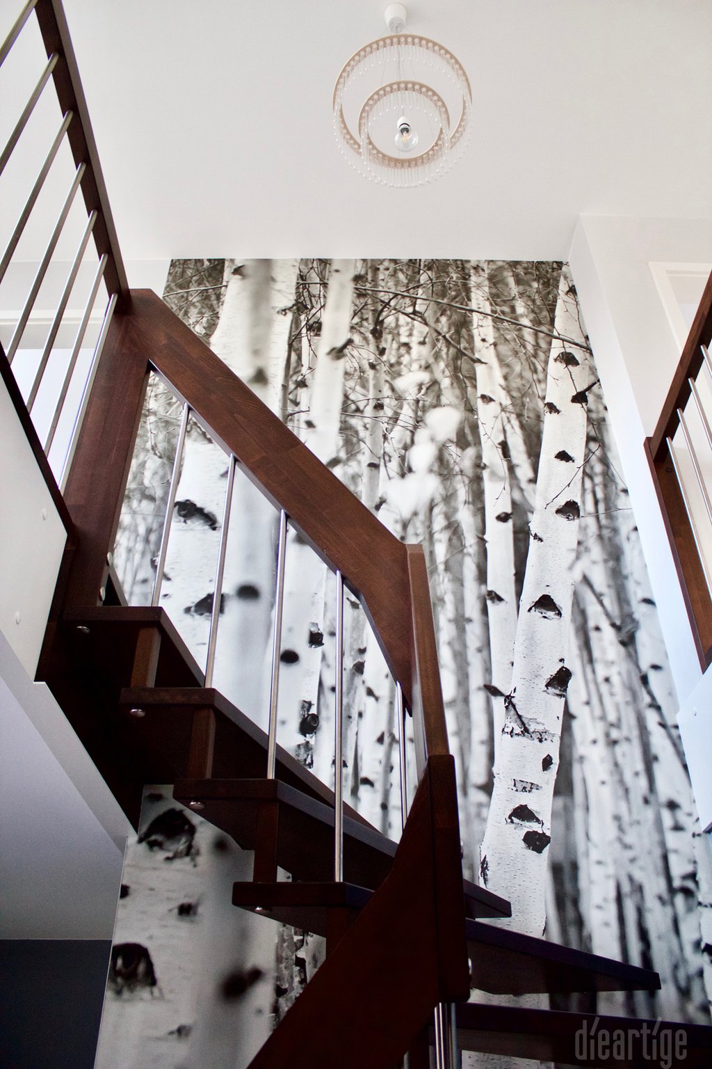 Fam. Z. | Treppenaufgang | Fototapete Birkenmotiv | Kronleuchter