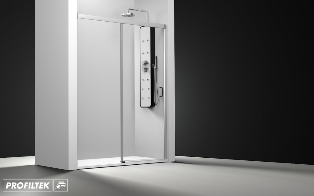 Mampara frontal 2 hojas 1 fija 1 correderas en plata alto brillo, sin perfileria inferior