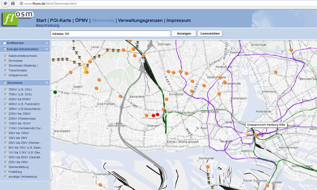 Stromnetz Deutschland www.flosm.de openstreetmap Hamburg Energie-Infrastruktur