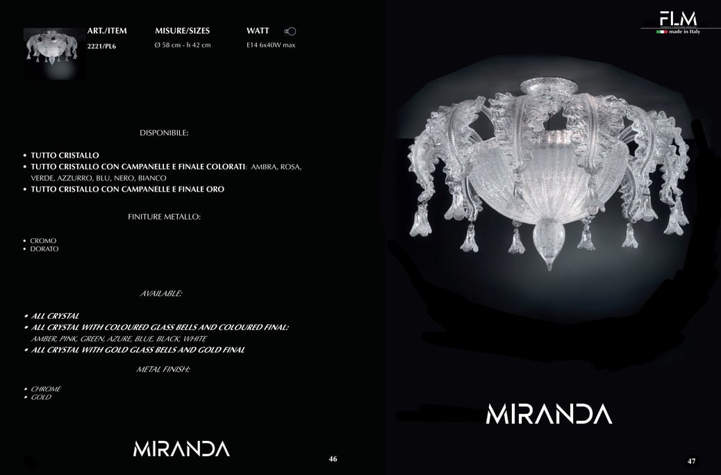 Plafoniera Miranda in vetro di Murano 6 luci trasparente con pendenti