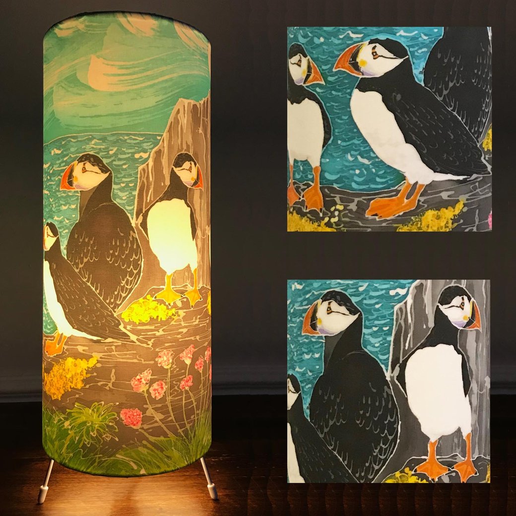 skomer island puffins tall table lamp bedside ambient mood lighting interior decor bird lover twitcher childrens seaside scene
