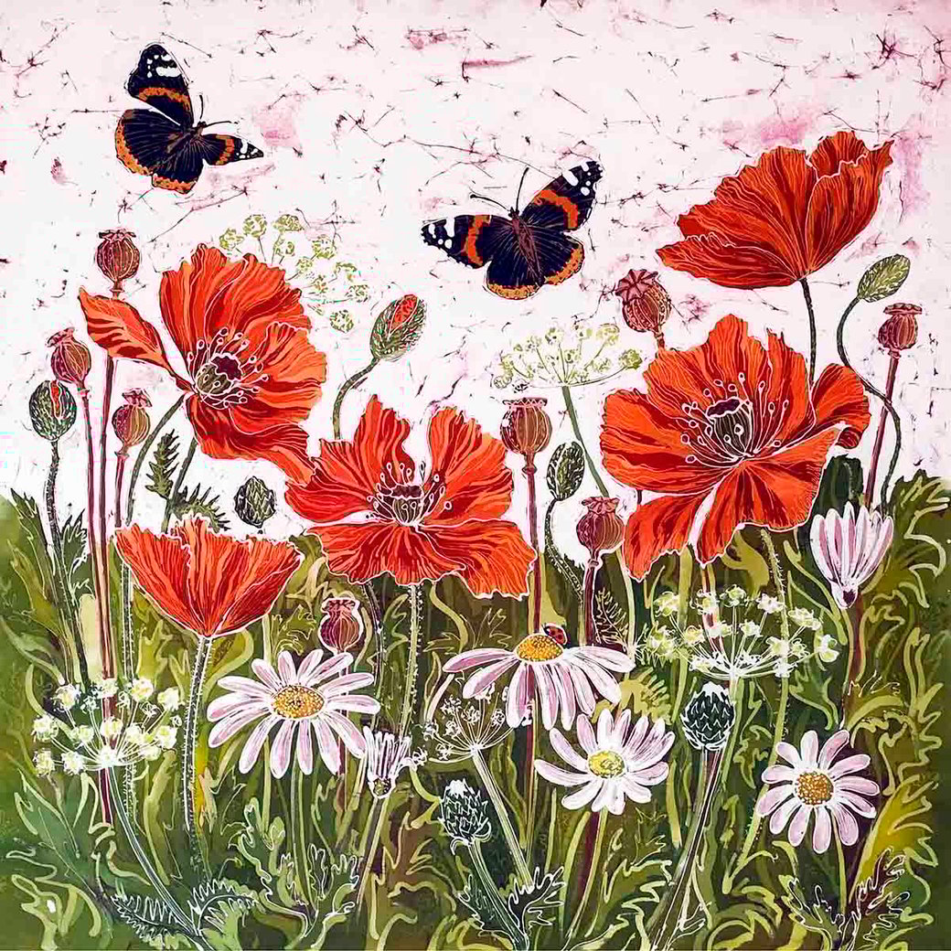 Red Admirals and poppies poppy field red flower botantical art butterfly batik painting print