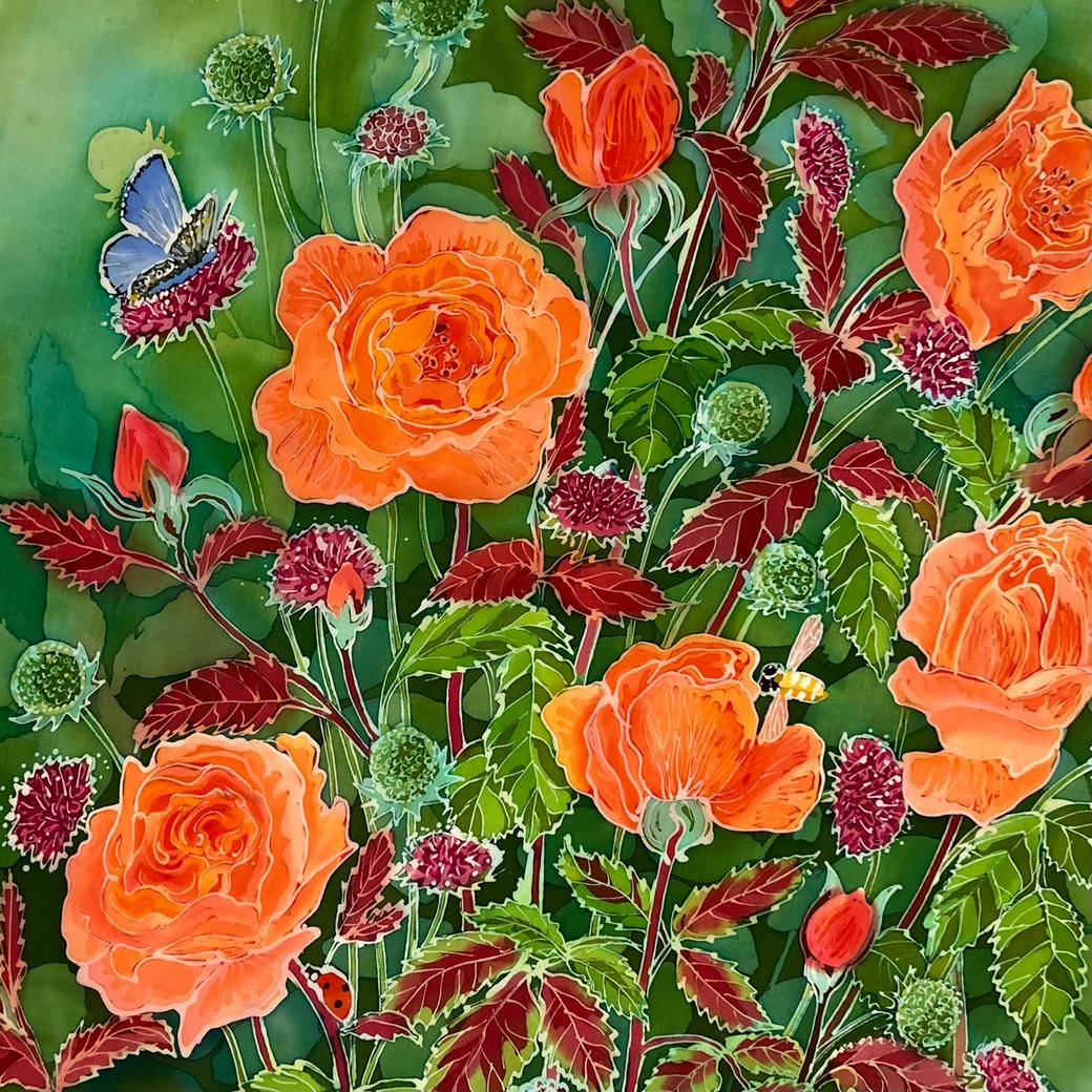 'Lady Emma Hamilton' one of David Austin's stunning roses, inspired this new batik for The Barnsdale collection. Prints available soon.