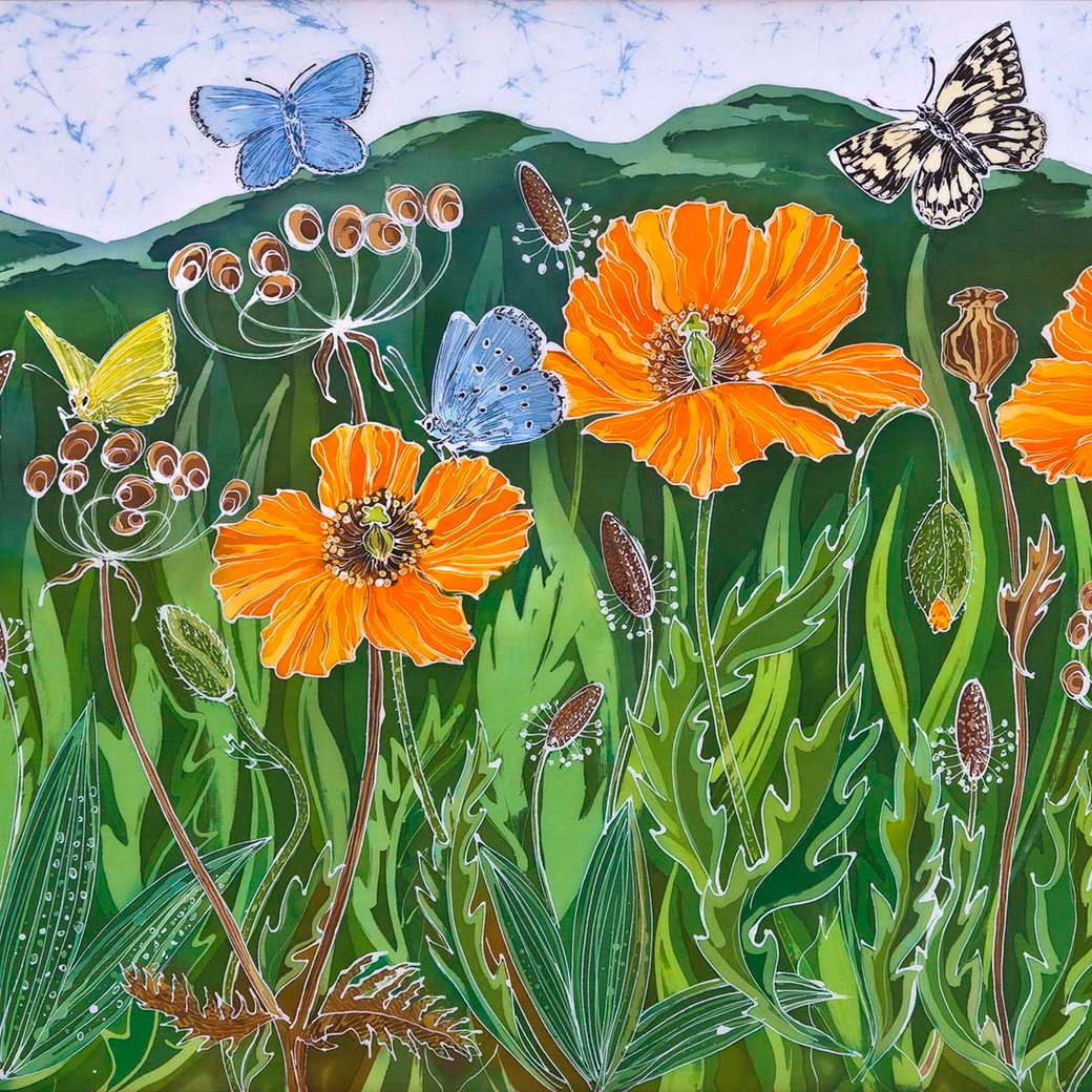 welsh poppies print malvern hills summer meadow orange flower nature yellow blue marbled butterfly 