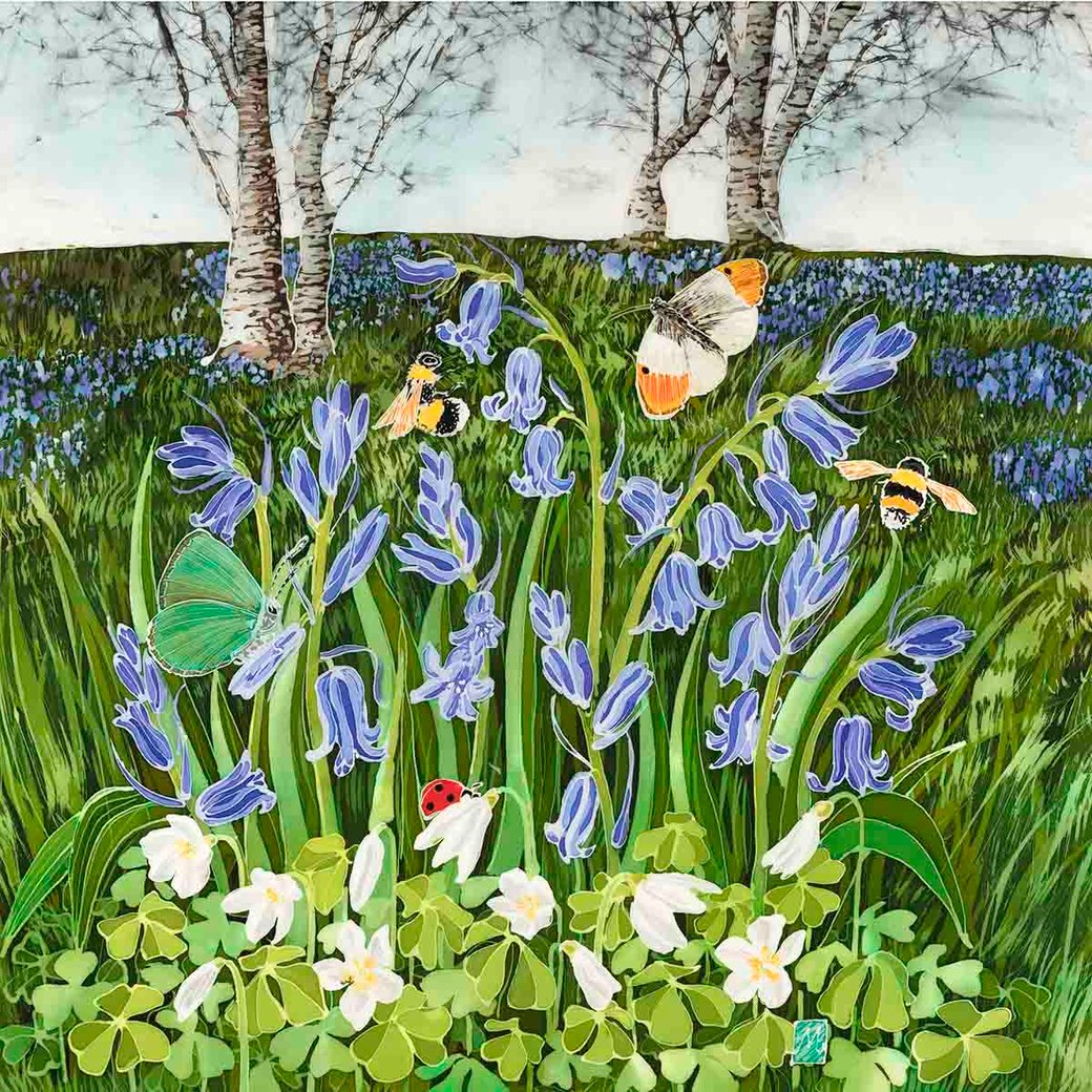 bluebells on the malverns malvern hills worcestershire meadows woods butterflies botanical fine art batik print