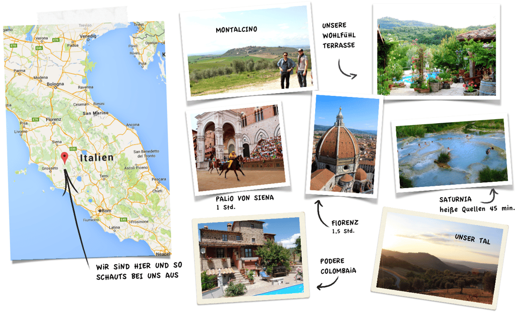 Florenz, Saturnia, Montalcino, Toskana Urlaub, Siena Palio, Zum Ölbaron Ferienwohnung