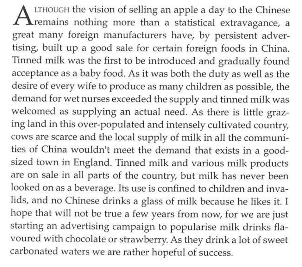 China advertising pioneer Carl Crow in his 1937 book "400 Million Customers" on tinned milk.