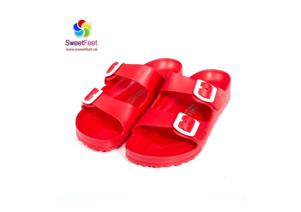 Women's Red Apple sandals available in Red, Blue, White and Grey.