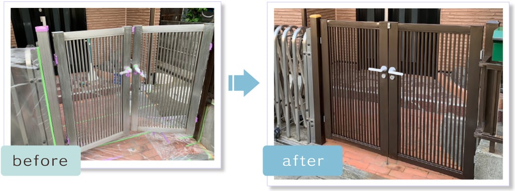 ステンレス製の門扉とフェンスの吹付仕上げ塗装