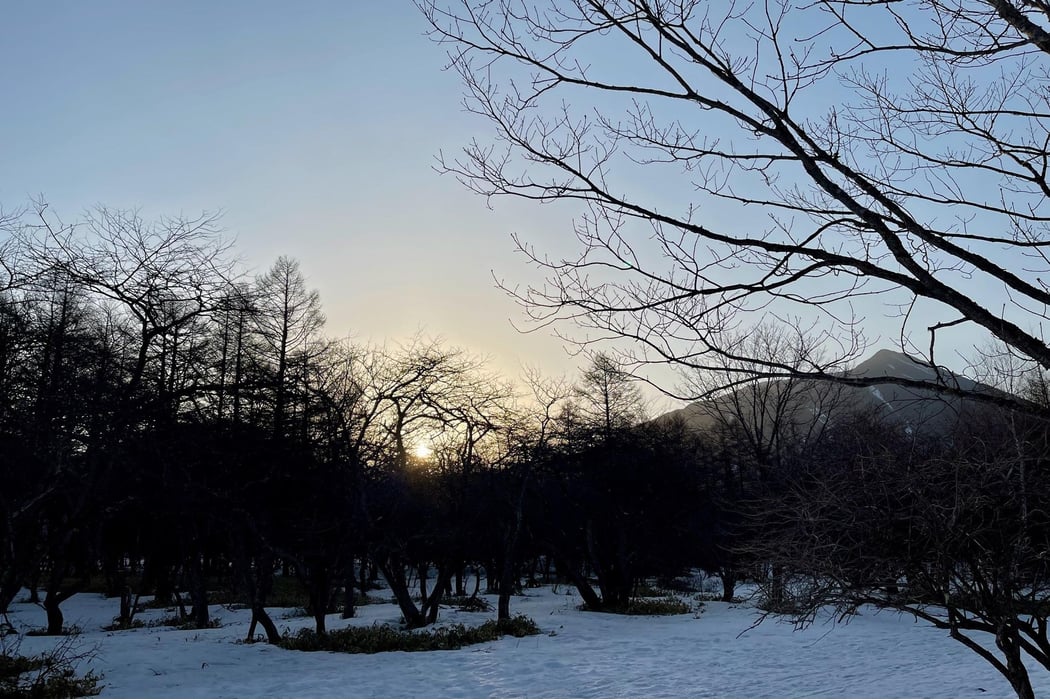 昇る朝日と男体山（あさ森）