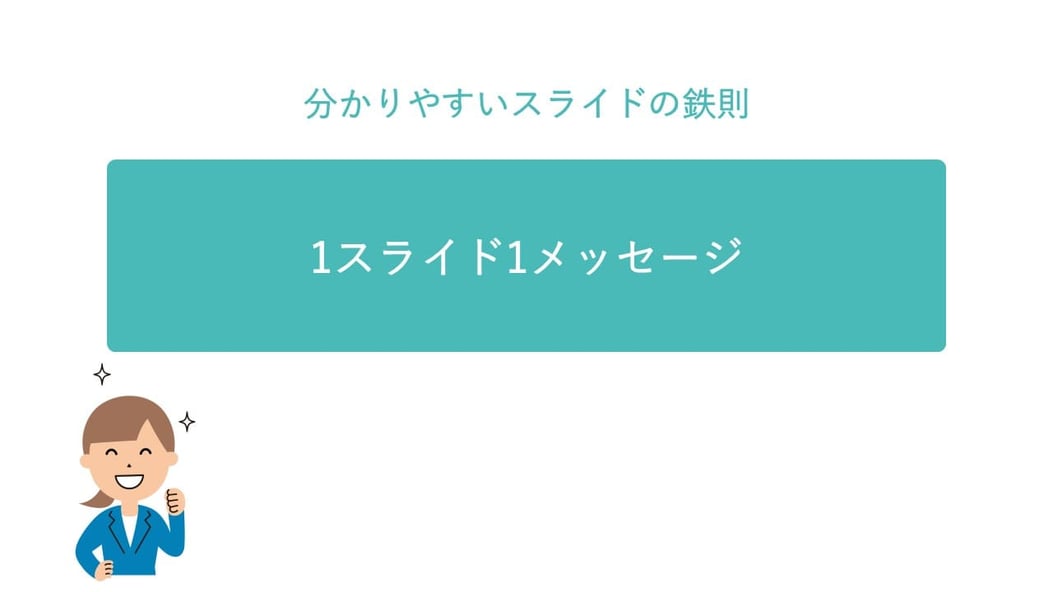 パワーポイントのスライドが分かりにくくなる原因のナンバー１は、「一枚に情報を詰め込みすぎ」です。「1スライド1メッセージ」とするだけでかなり改善されます。