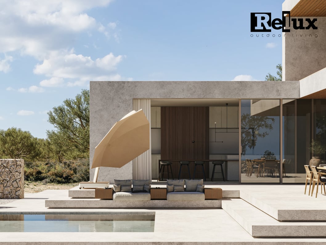 futuristischer Sonnenschirm lässt sich neigen und sorgt für seitlichen Schatten