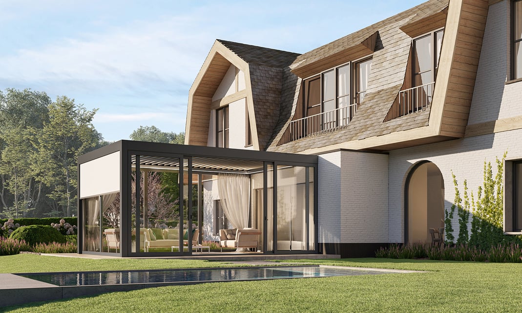 Lamellendach von Winsol als Kaltwintergarten mit integrierten Screens und Outdoor Vorhängen