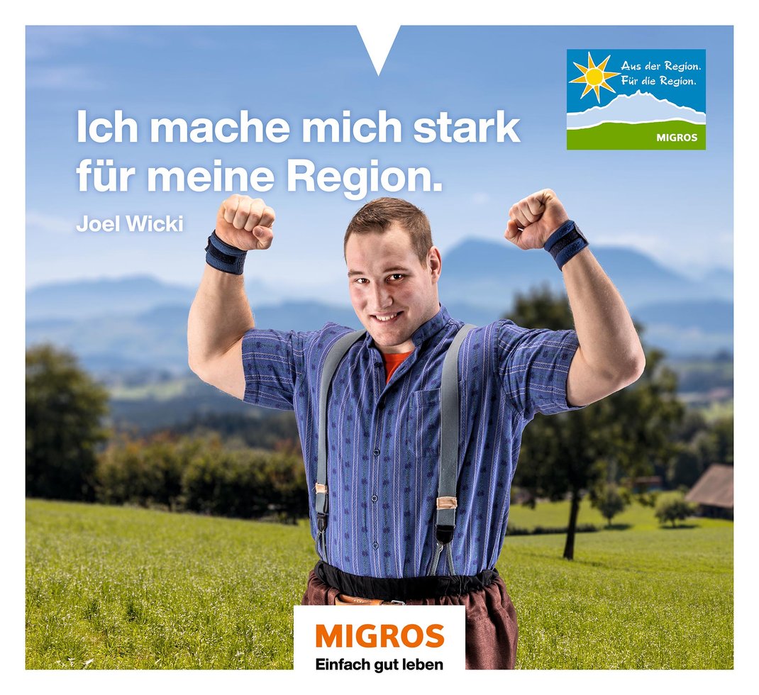 Mit ganzseitigen Inseraten, Plakaten in Verkaufsstellen, Blachen an LKW-Hecks und unzähligen SocialMedia Beiträgen gratuliert die Genosschenschaft Migros Luzern ihrem Markenbotschafter Joel Wicki zu seinem grandiosen Erfolg am ESAF 2022 in Pratteln.
