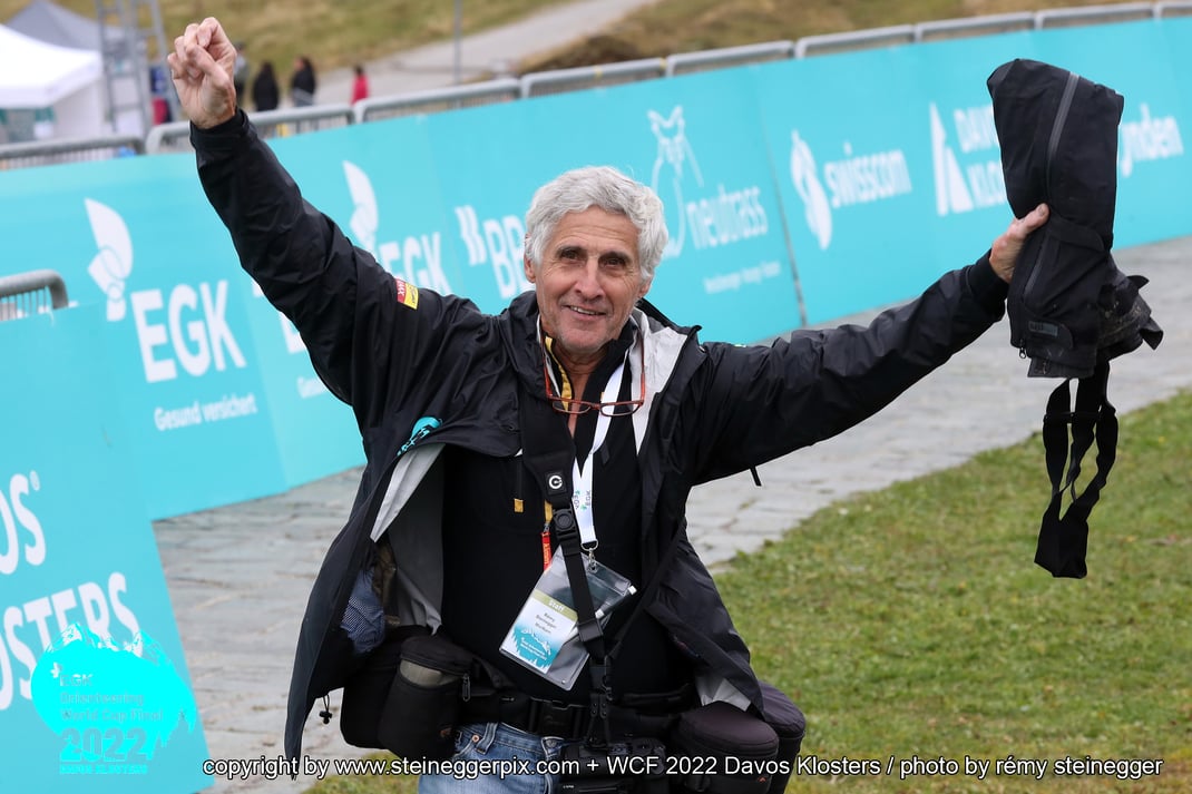 DAVOS-KLOSTERS/SWITZERLAND, 01.10.2022 - Rèmy Steinegger, THE Swiss Orienteering photographer, captured during the EGK Orienteering World Cup Final on Madrisa, Klosters, Switzerland.