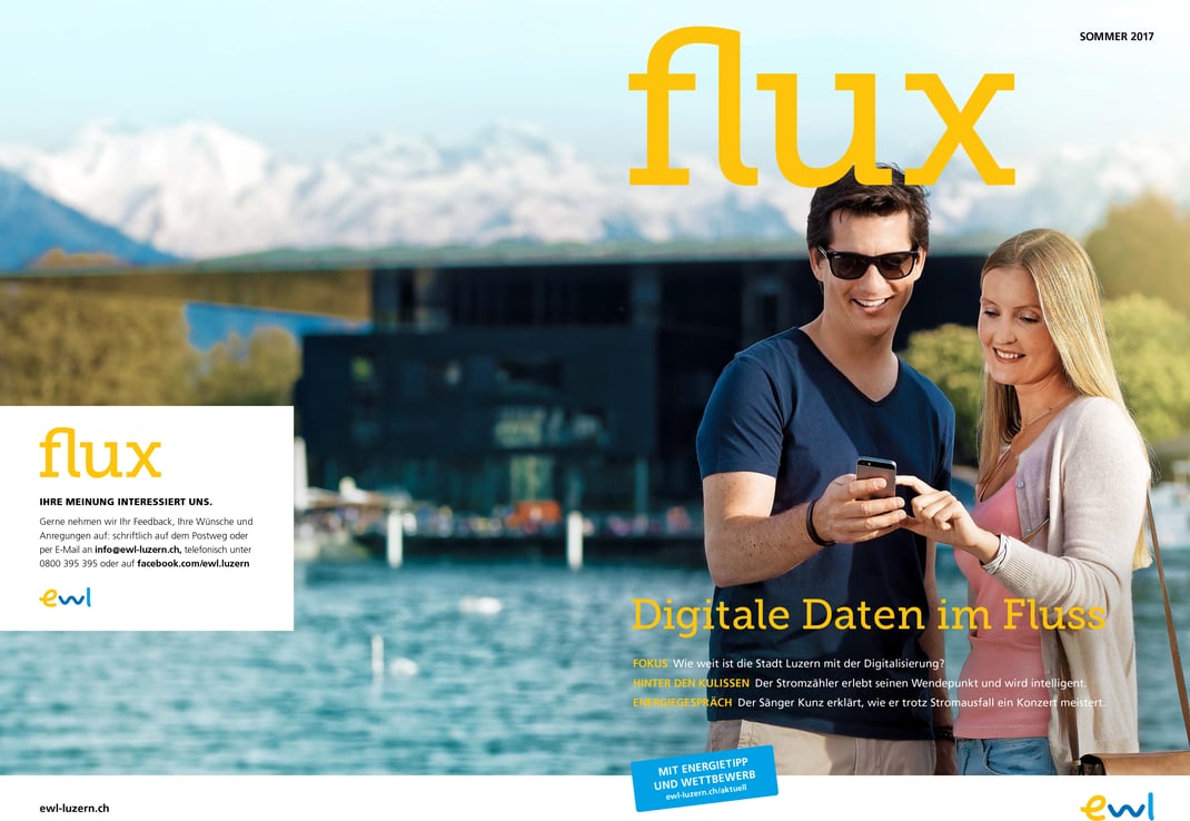 Die Sommerausgabe 2017 des Kundenmagazins flux von energie wasser luzern ewl befasst sich mit dem wachsenden Angebot an digitalen Daten in der Stadt Luzern.